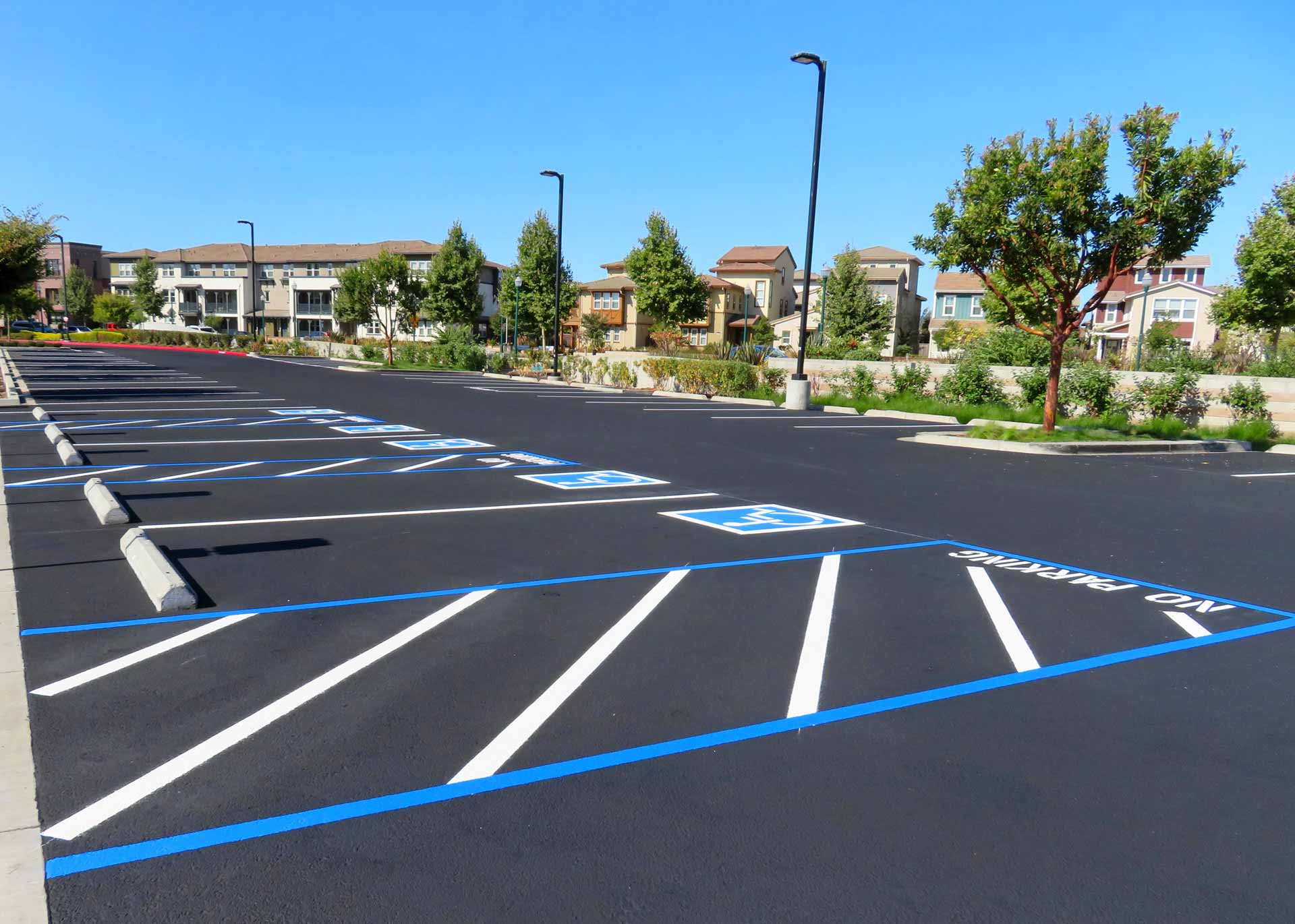 Newly paved asphalt parking lot